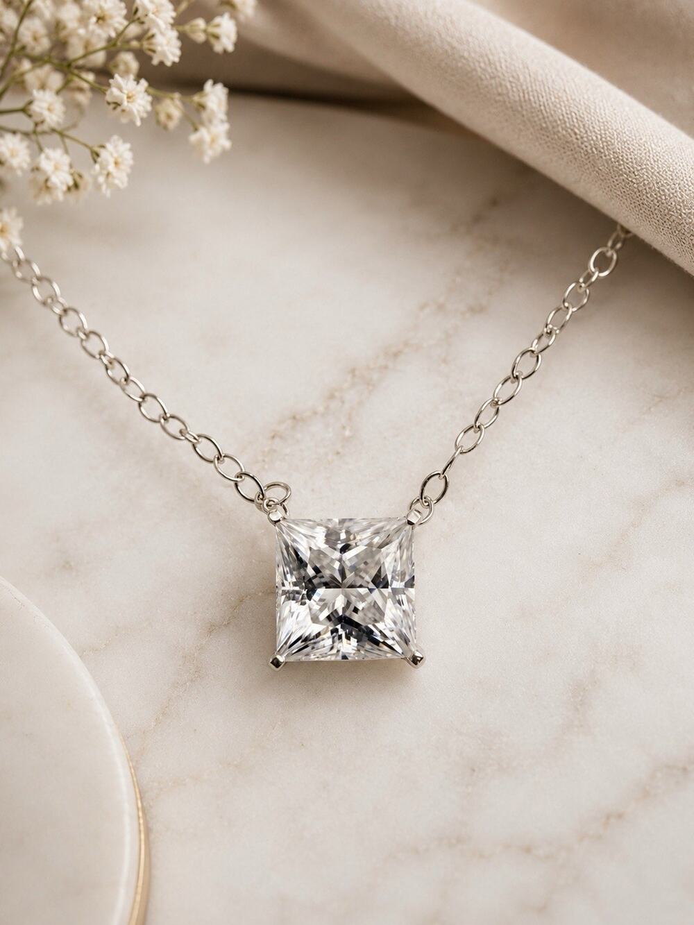 925 Sterling Silver 1.2 CTW Moissanite Princess Cut Pendant Necklace 6mm GRA cer